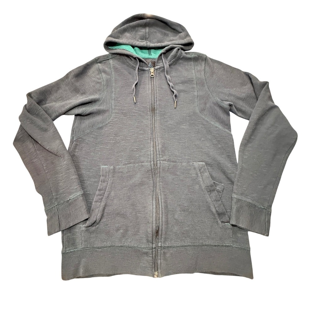 Prana Mens Small Gray Slub Knit Full Zip Hoodie Organic Cotton Teal Lining 0402